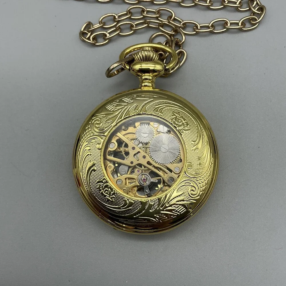 Steampunk Gear Pocket Watch Men 47mm Gold Tone Skeleton Half Hunter Manual